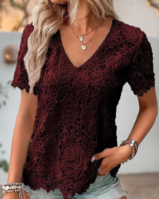 Lace v-neck short-sleeved blouse