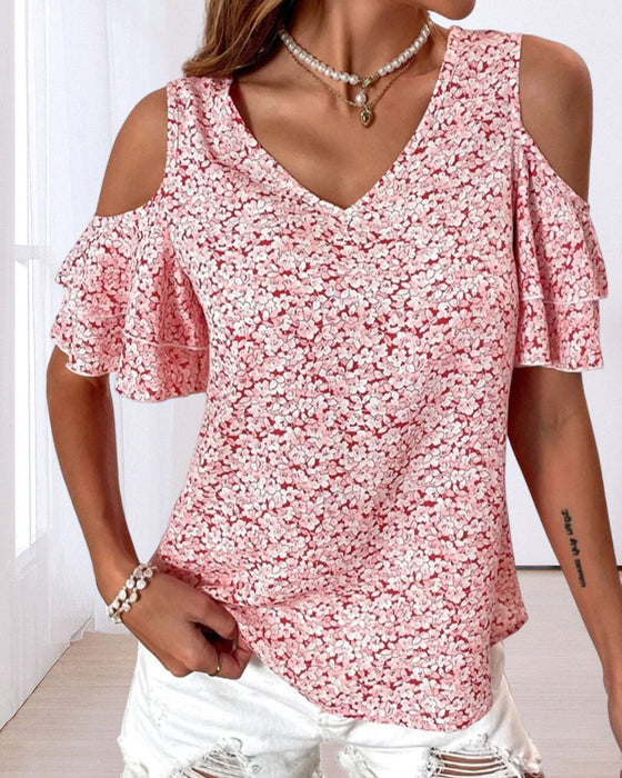 Cold Shoulder Floral Print  T-shirt