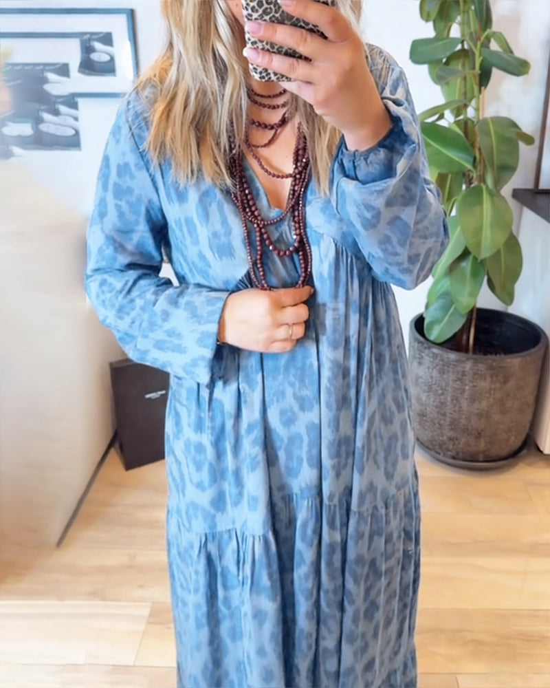 V-Neck Leopard Print Fashion Maxi Dress