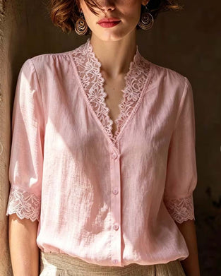V-Neck Lace Patchwork Solid Three-Quarter Sleeve Blouse
