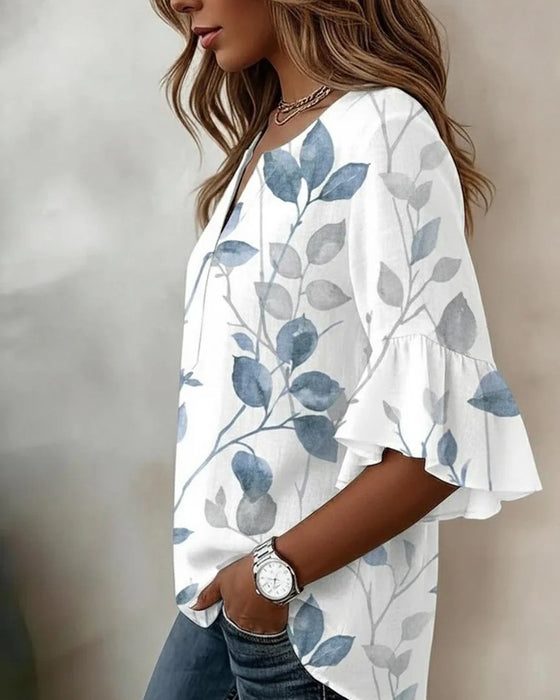 Flutter Flare Sleeve Leaf Print Blouse