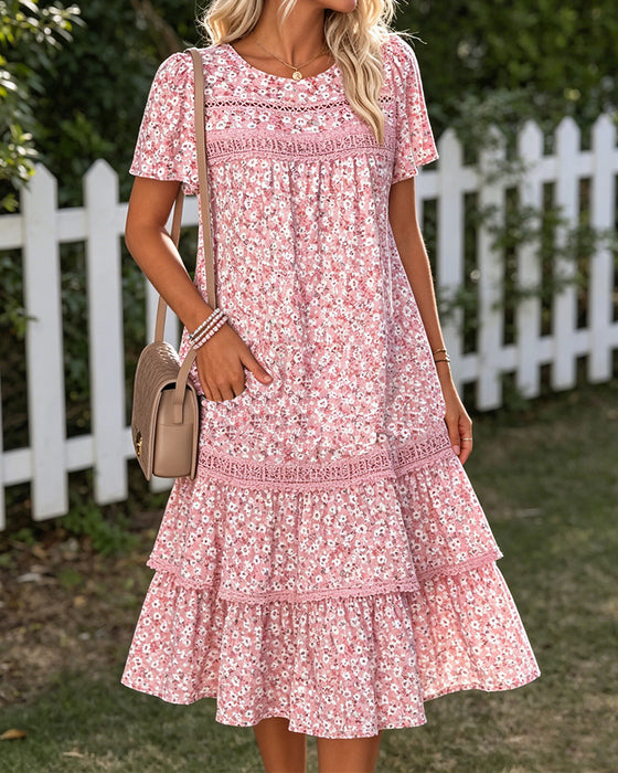 Round Neck Floral Tiered Dress