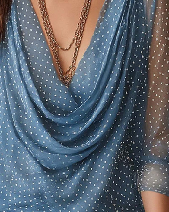 Slouchy Mock Neck Polka Dot Mesh Blouse