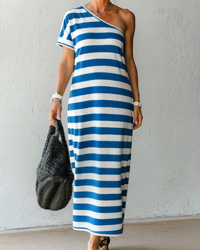 Asymmetric Striped Off-Shoulder Dress