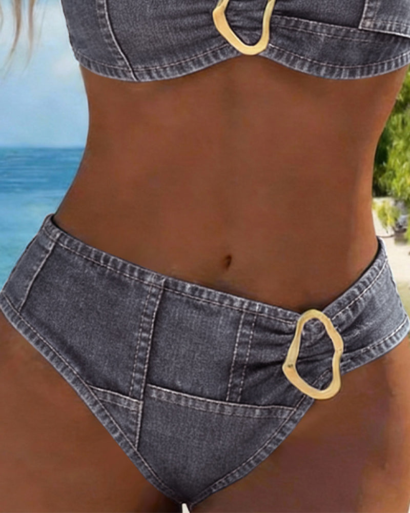 Metal Buckle Halter Bikini