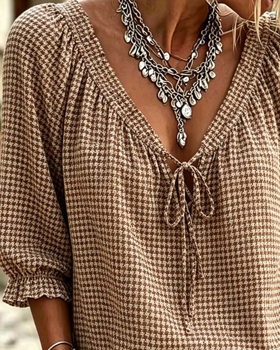 V-Neck Puff Sleeve Tie Houndstooth Blouse