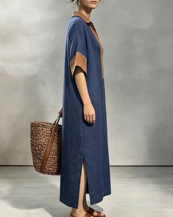 Lapel Colorblock Vacation Dress