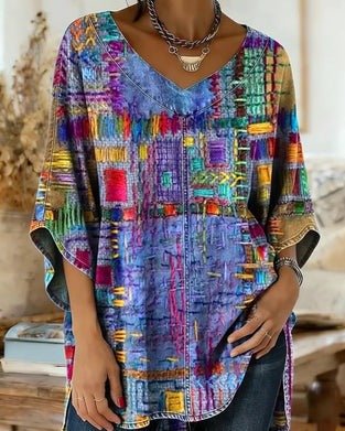 Colorful Geometric Print Wide-Sleeved Blouse