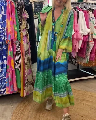Printed casual V-neck flare sleeve long dress