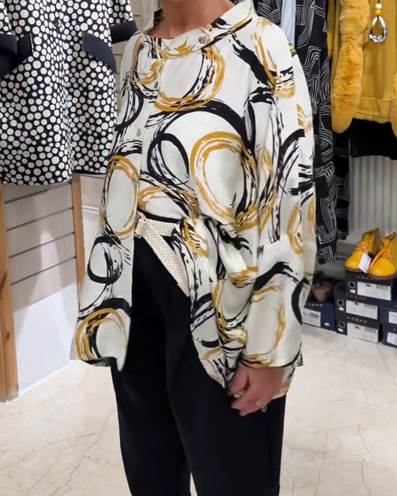 Stand Collar Button Novelty Print Shirt