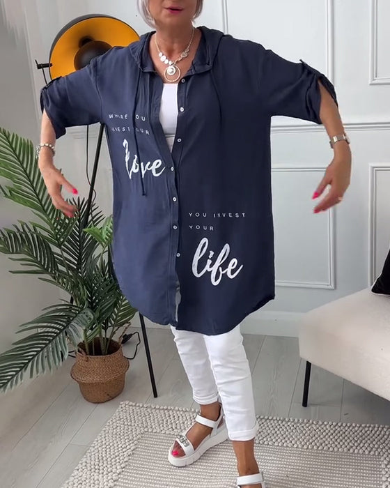 Hooded button-down coat with printed letters