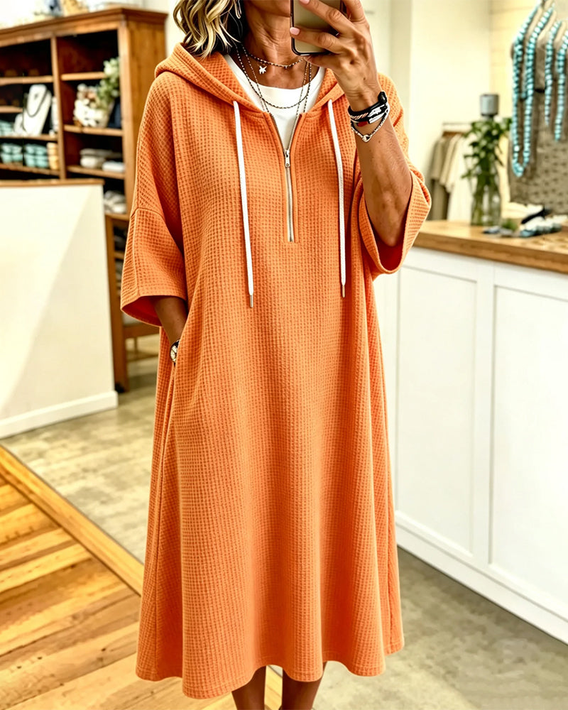 Zip Waffle Hooded Three-Quarter-Sleeve Dress