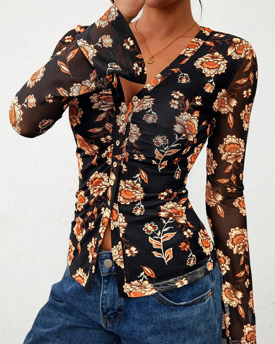 V-Neck Button Slit Fitted Top