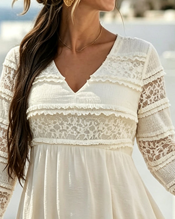 Solid Color V-Neck Lace Patchwork Dress