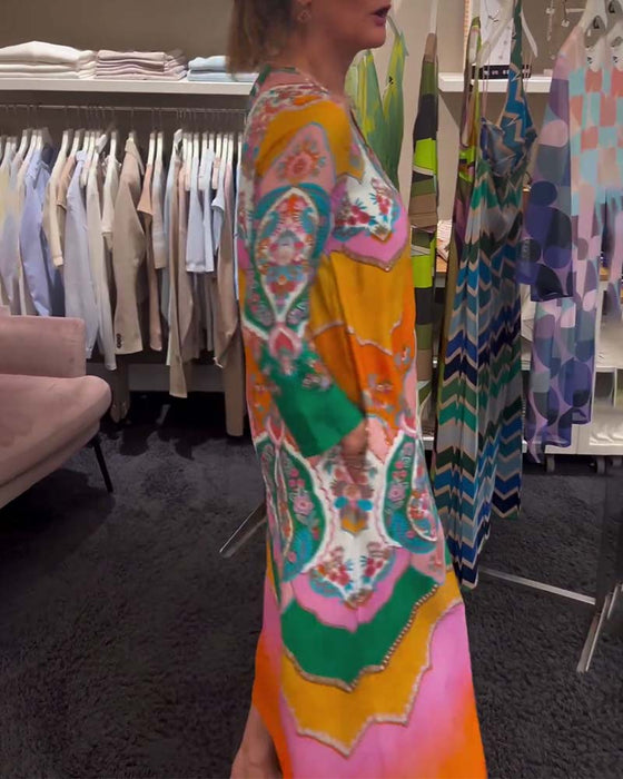 Printed V neck long sleeve dress