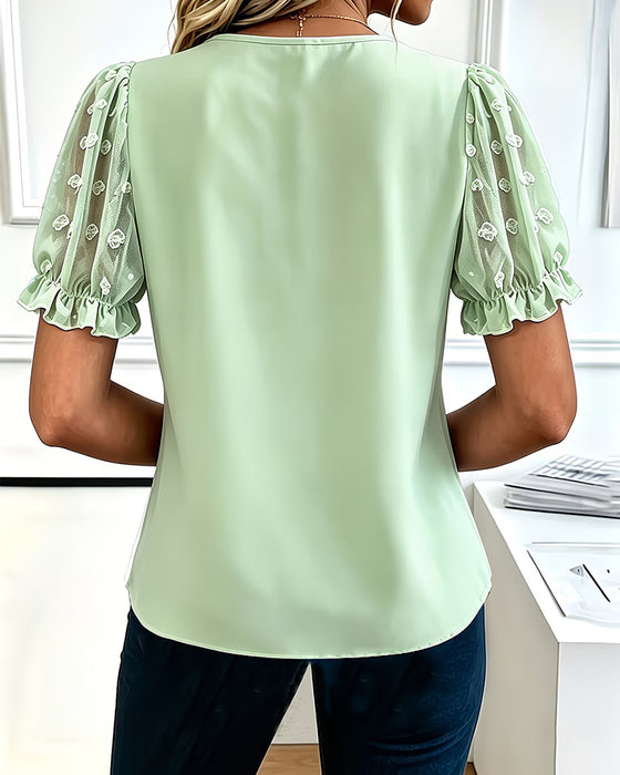 Round Neck Lace Puff Sleeves Blouse