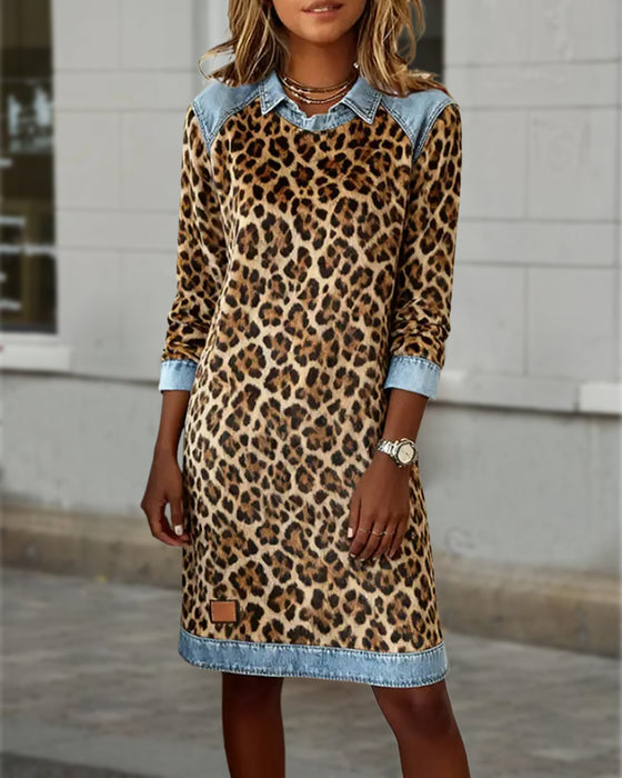 Lapel Leopard Print Shift Dress