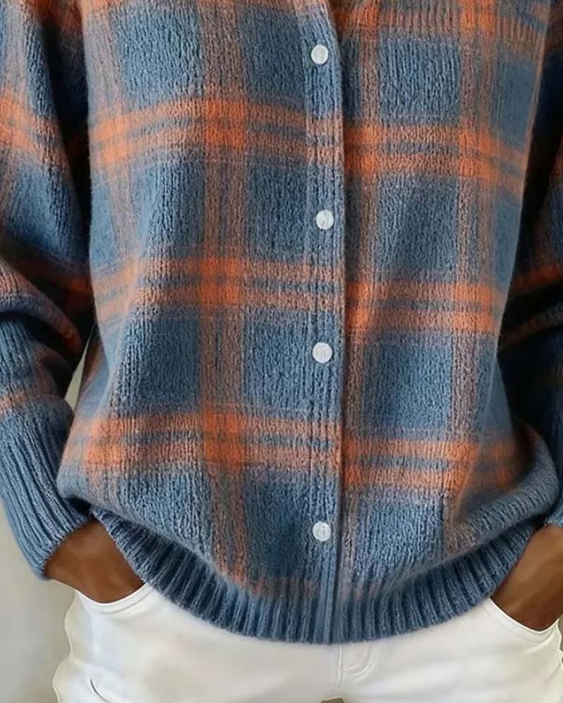Plaid Shirt Collar Buttoned Cardigan
