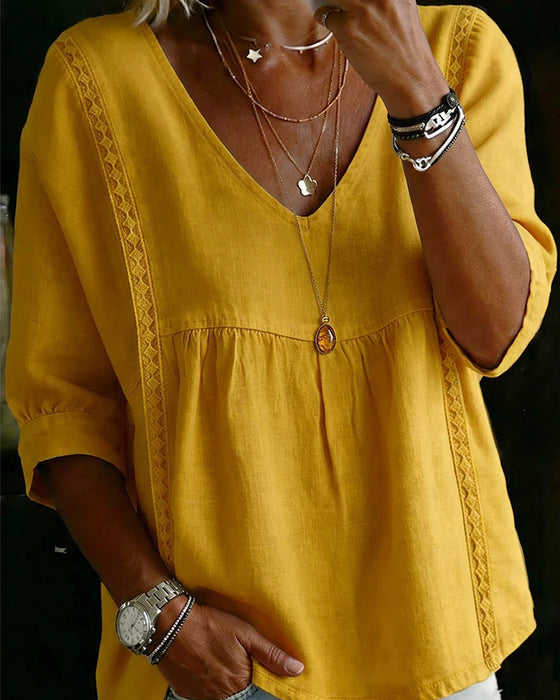 Ruffle Trim V-Neck Elbow-Length Sleeve Blouse