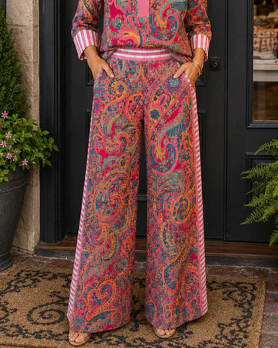 Lapel Stripe Print Shirt + Wide Leg Pants Set