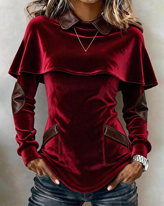Lapel Cape Style Slim Fit Long Sleeve Blouse