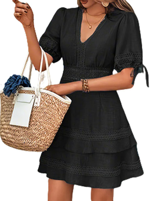 V-Neck Tiered Solid Lace Patchwork Dress