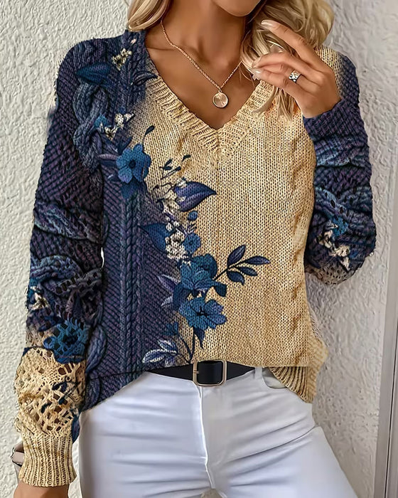 Gradient Color Block Floral V-Neck Hollow Out Pullover
