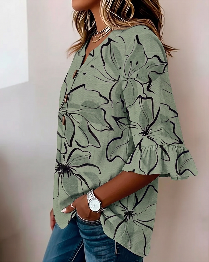 V-Neck Floral Ruffle Three-Quarter Sleeve Blouse