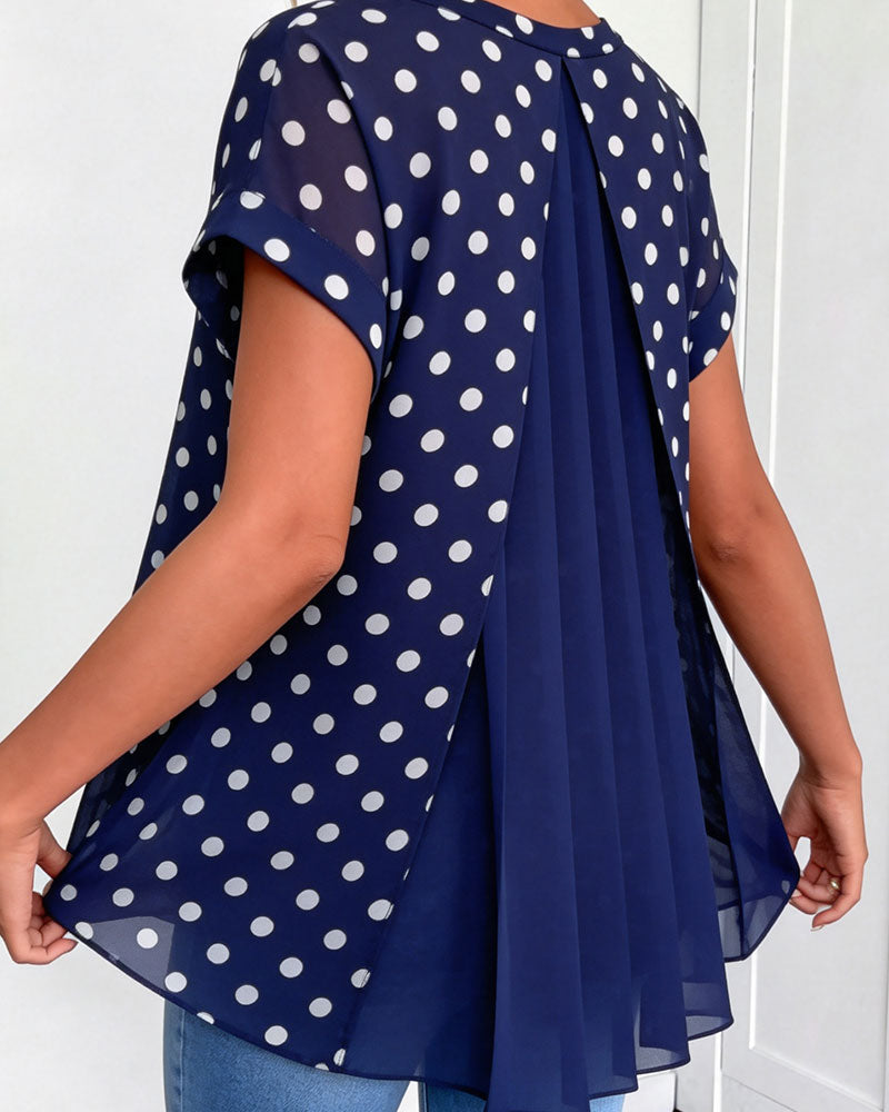 Polka Dot Back Pleated Color Block Blouses