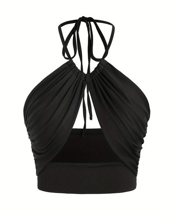 Women's Ruched Tie Back Halter Neck Crop Cami Top