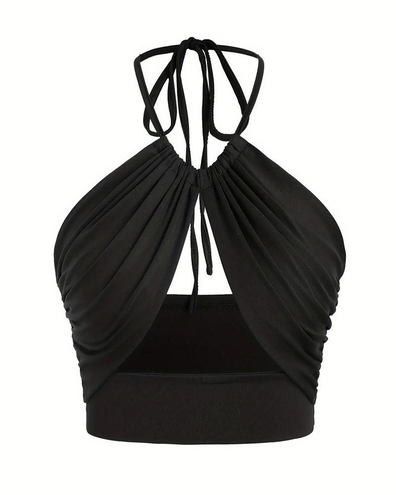 Women's Ruched Tie Back Halter Neck Crop Cami Top