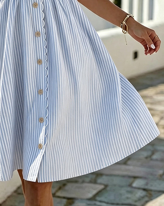 V-Neck Stripe Button Lace Bubble Sleeve Dress