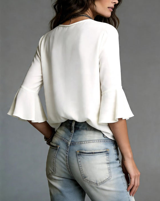 V-Neck Bow Flare Sleeve Blouses