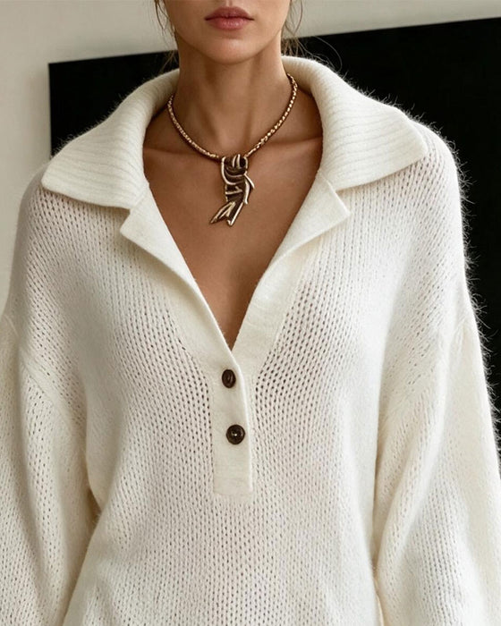 Lapel Balloon Sleeve Sweater Dress