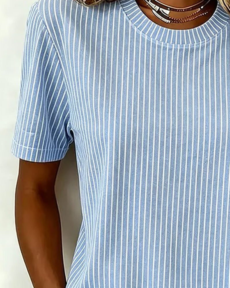 Blue and White Vertical Stripe Crew Neck Top