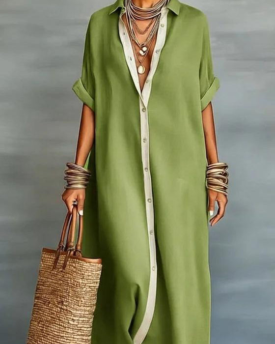 Elegant Lapel-Collar Draped Shirt Dress