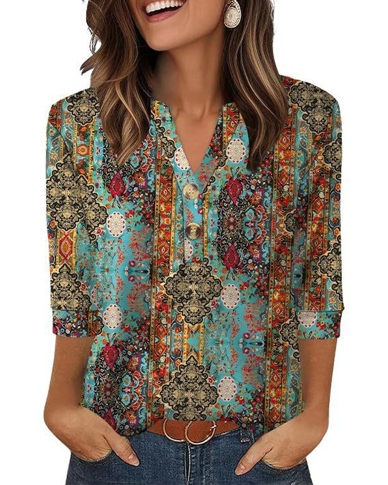 V-Neck Buttoned Three-Quarter Sleeve Blouse