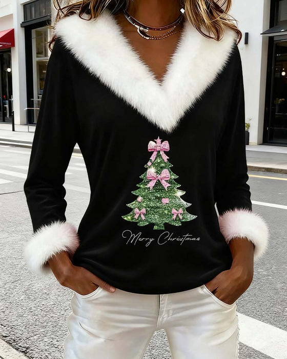Large Fur Collar Christmas Print Top