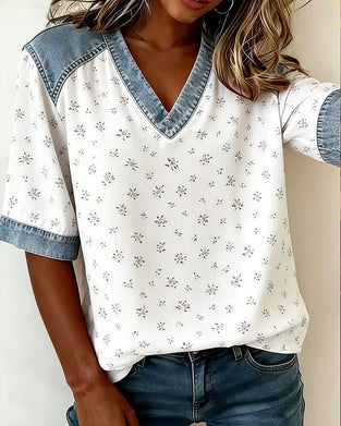 Floral-Patchwork Denim V-Neck Blouses