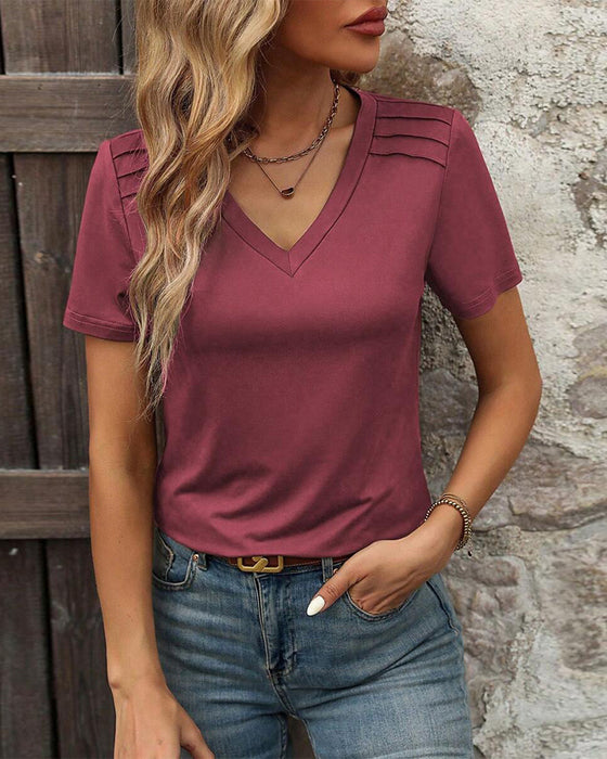 Solid Color V-Neck Short-Sleeved T-shirt