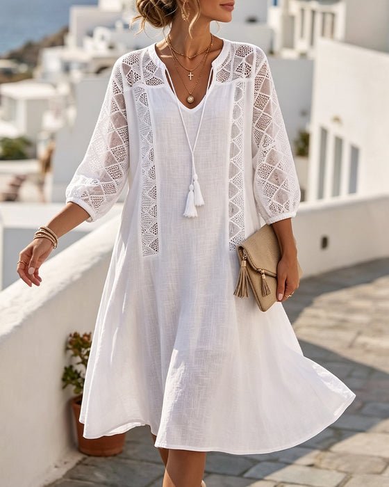 Lantern Sleeve Hollow Out Tie Resort Dress