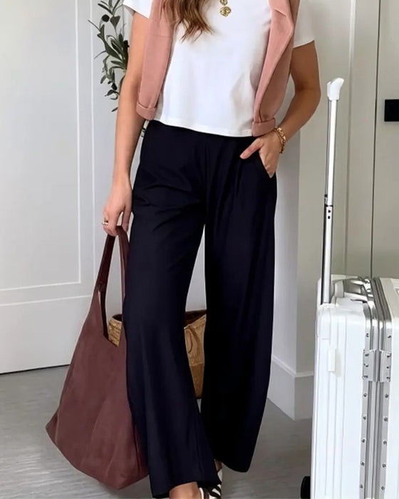 Solid Color Hanging Pocket Cropped Pants