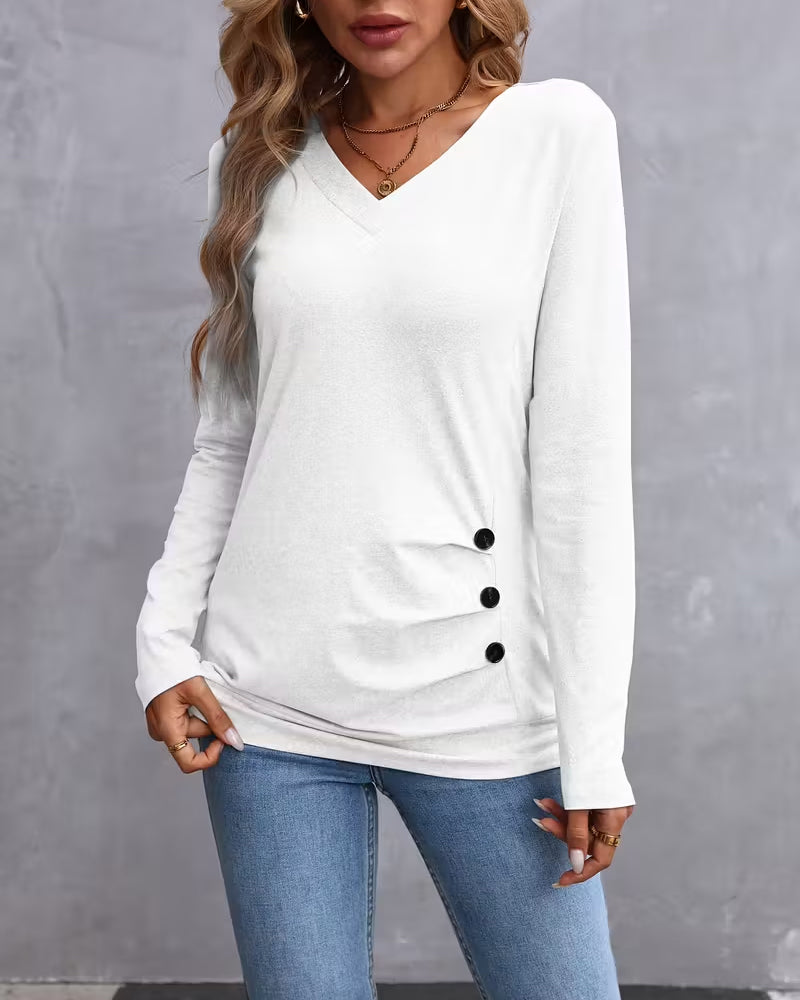 V-Neck Button-Down Long-Sleeved Top