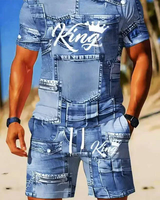 Men's Round Neck Monogram T-Shirt Drawstring Shorts Set