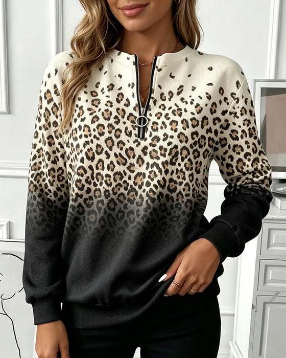 Zipper Gradient Leopard Print Sweatshirt