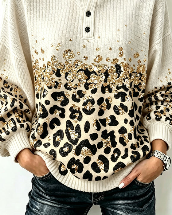 Round Neck Buttoned Leopard Print Sweatshirt