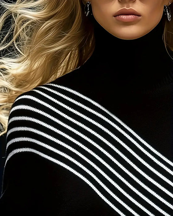 Turtleneck Striped Drop Shoulder Sweater