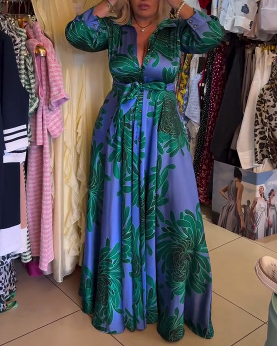 Long Sleeve V-Neck Waisted Swing Dress