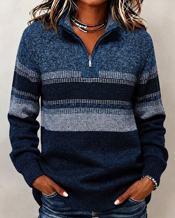 Lapel Zipper Striped Contrast Pullover
