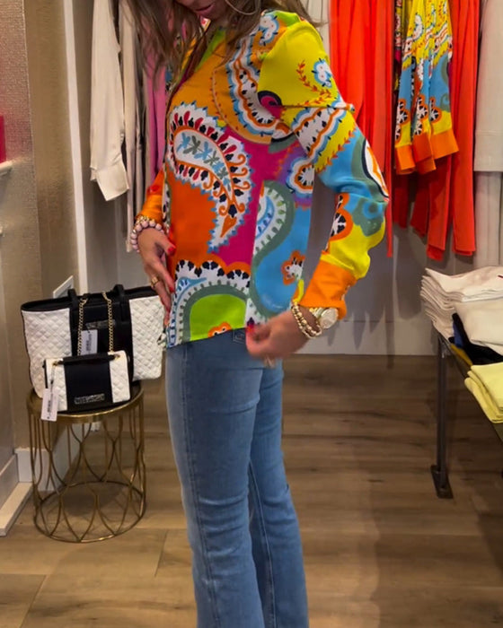 Colorful printed V-neck long-sleeve blouse
